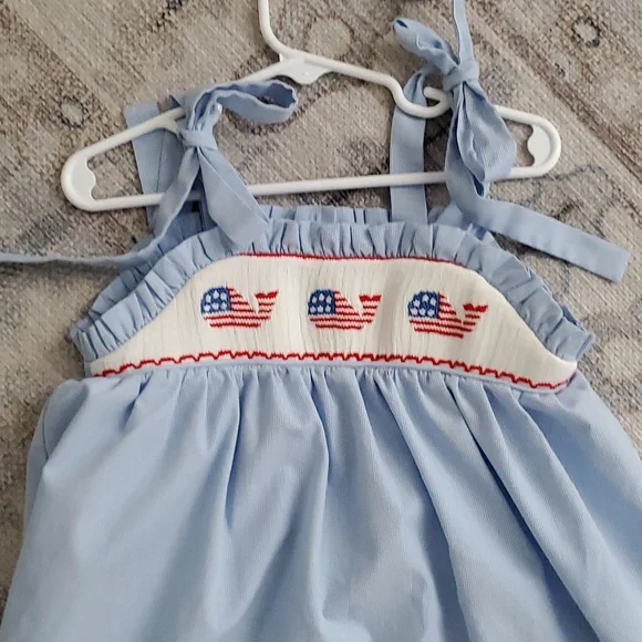 Stitchy Fish Girls Smocked Patriotic American Flag Whales Embroidered Dress Sz3T - Picture 3 of 11
